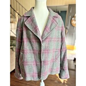 Talbots Wool Blend Gray‎ Pink Plaid Blazer Size 14W Plus Career Academia